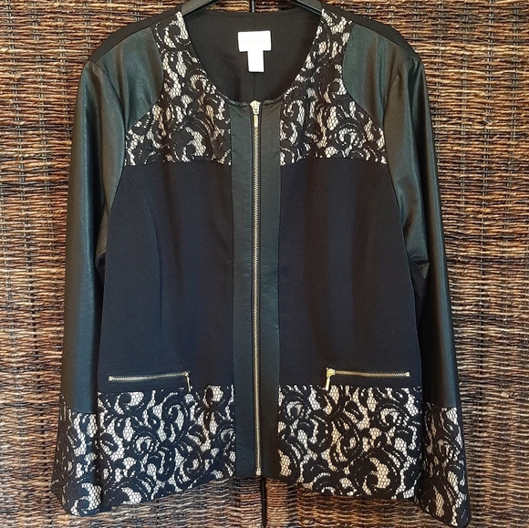 Chico's Pieced Ponte Lace-Mix Faux Leather Jacket Black/Champagne Size XL - Picture 3 of 12